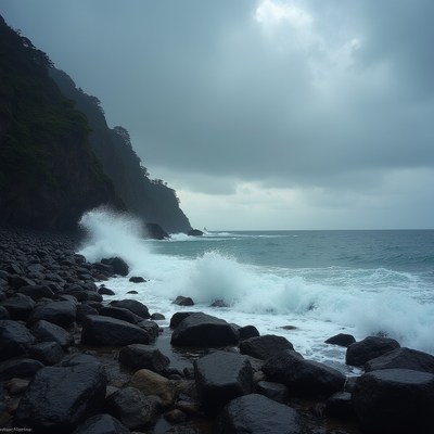 Waves crashing on black pebble beach