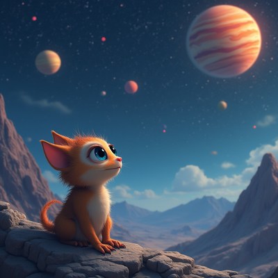 Cute kitten gazing at colorful planets