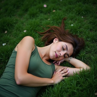 Woman lying on green grass
