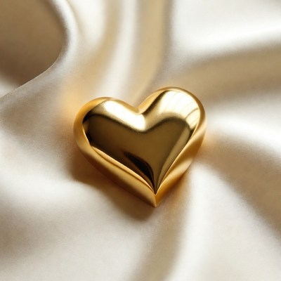 Golden heart on white satin fabric