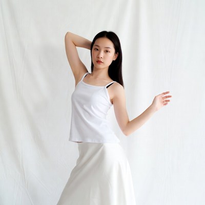 Asian woman posing in white tank top skirt