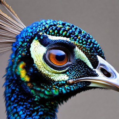 Close-up peacock head with vibrant feathers