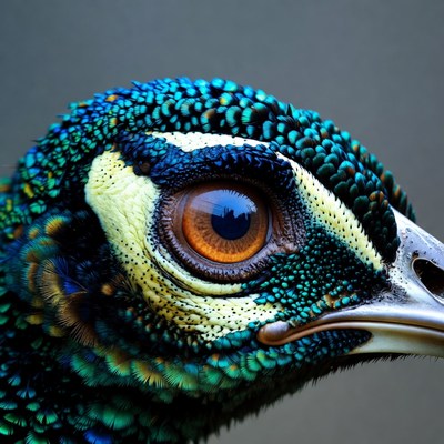 Closeup peacock head with vibrant feathers
