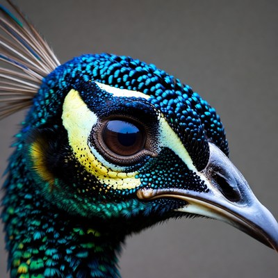 Closeup peacock head with feathers