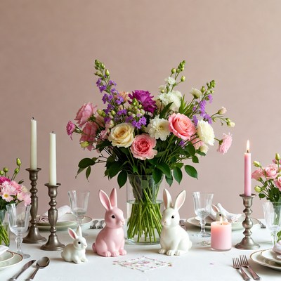 Pink Easter Bunny Table with Flowers