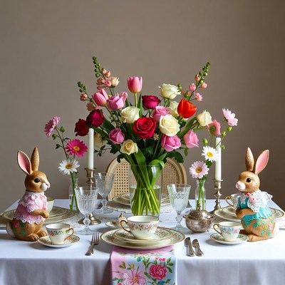 Easter Bunny Table Centerpiece with Flowers