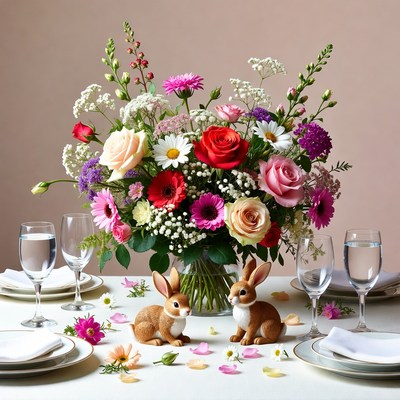 Two Bunny Figurines with Flower Bouquet