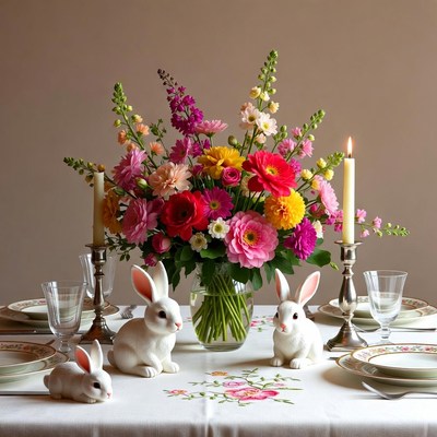 White bunnies with colorful flowers