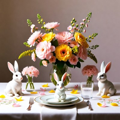 White bunnies with colorful flowers