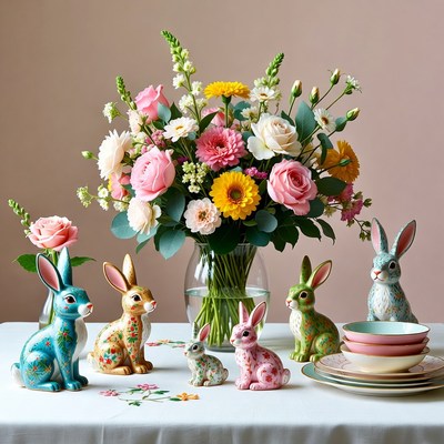 Colorful Bunny Figurines with Flower Bouquet