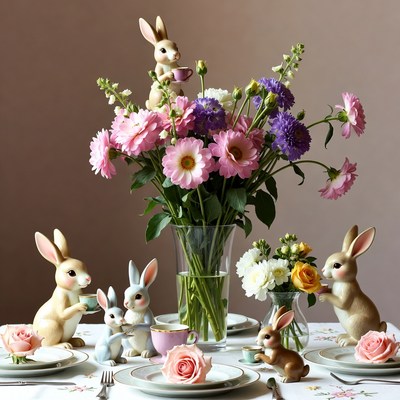 Bunny figurines with flowers and teacups