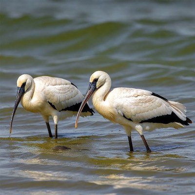 Two white ibises in shallow water