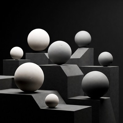 White Gray Spheres on Black Geometric Pedestals