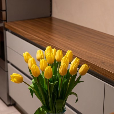 Yellow tulips on wooden kitchen counter