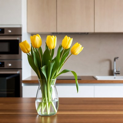 Yellow tulips in vase on kitchen counter