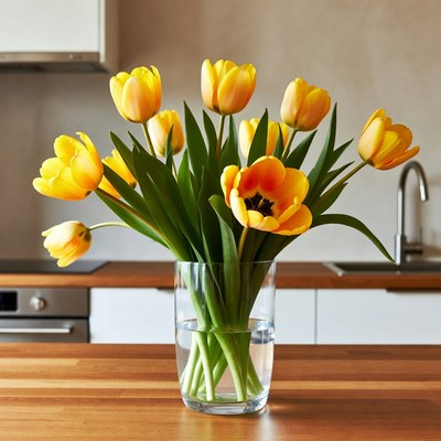 Yellow tulips in glass vase