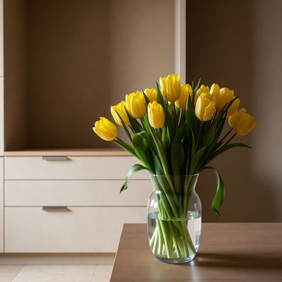 Yellow Tulips in Glass Vase