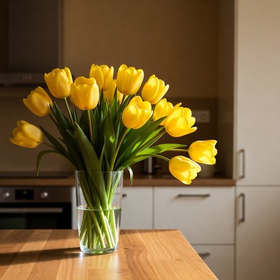 Yellow tulips in vase on kitchen table