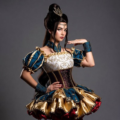 Woman in Blue Gold Victorian Cosplay Dress