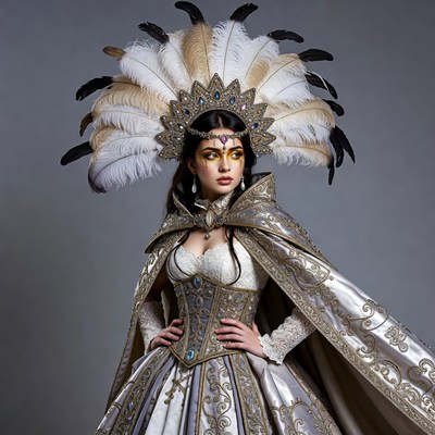 Woman in Elaborate Feather Headdress and Gown