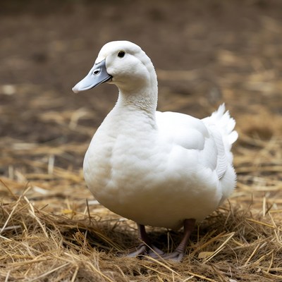 White duck standing on straw