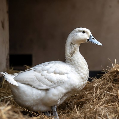 White duck in wooden coop
