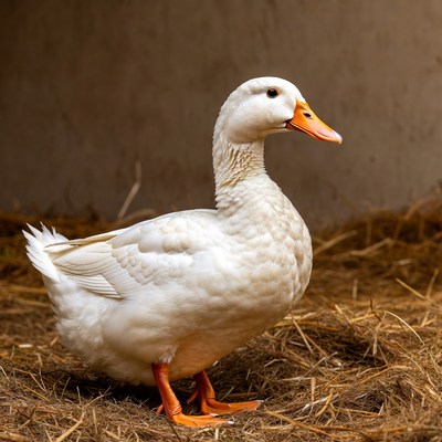 White duck standing on hay