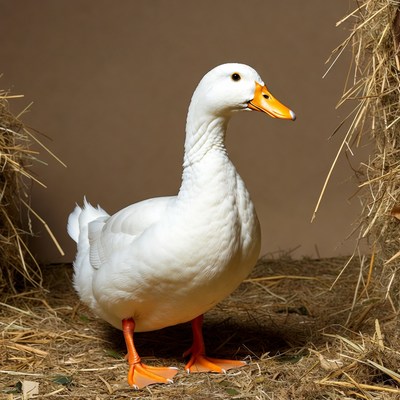 White duck standing on hay