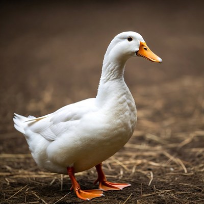 White Pekin duck standing on straw