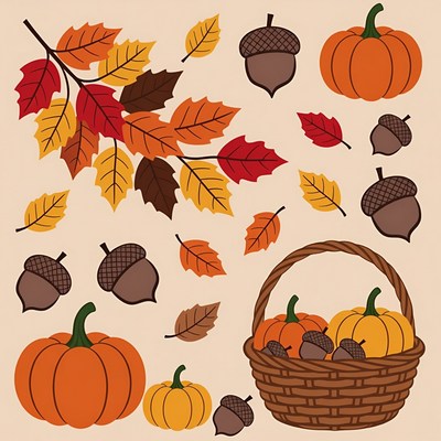 Autumn Leaves Pumpkins Acorns Basket