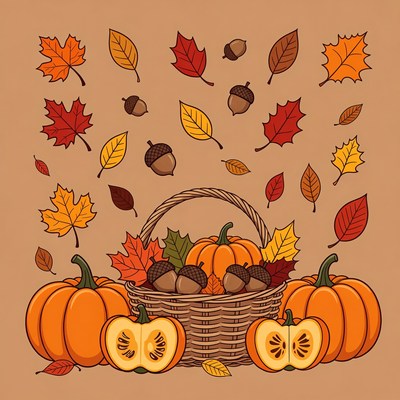 Basket of pumpkins and fall leaves
