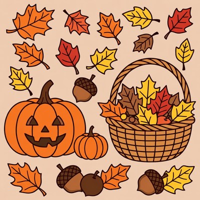 Halloween Pumpkin Basket Autumn Leaves Clipart
