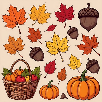 Autumn Basket with Leaves Pumpkins Acorns