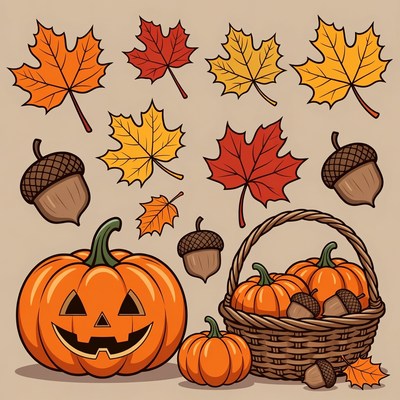 Halloween Pumpkins Acorns Autumn Leaves