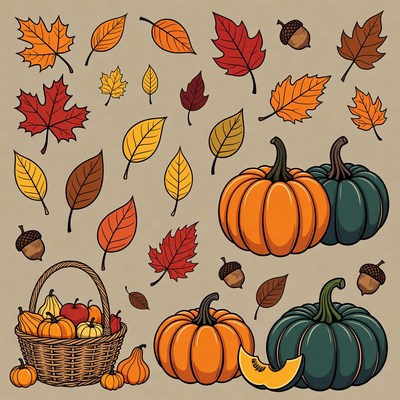 Autumn clipart leaves pumpkins basket