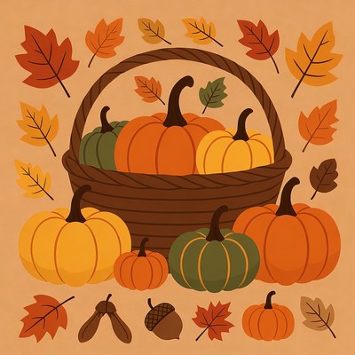 Basket of Pumpkins and Autumn Leaves