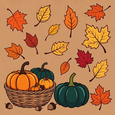 Basket of pumpkins with autumn leaves