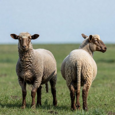 Two sheep standing in green field