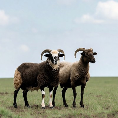 Two horned sheep standing in field