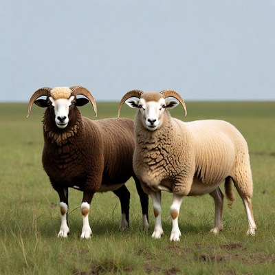Two rams standing in green field