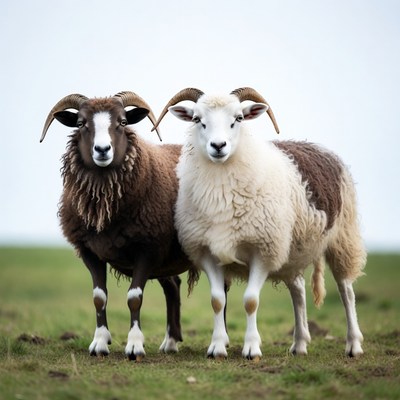 Brown and white sheep standing together