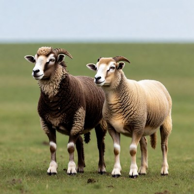Two rams standing in green field