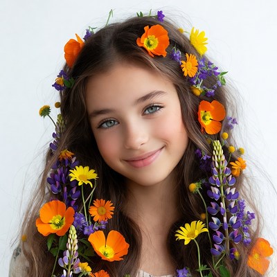 Girl with colorful flowers in hair