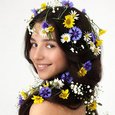 Woman with yellow blue flower crown