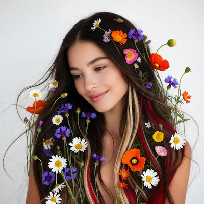 Girl with colorful flowers in hair