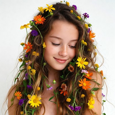 Girl with colorful flowers in hair