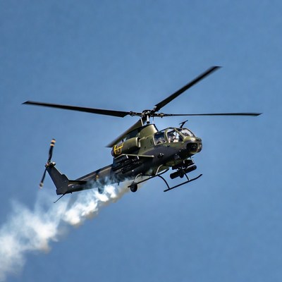 Military helicopter flying with smoke trail