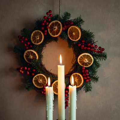 Christmas Wreath with Oranges and Candles