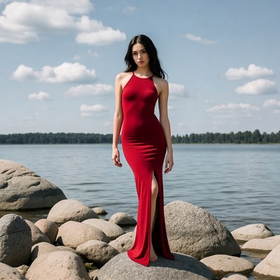 Asian woman in red dress by lake
