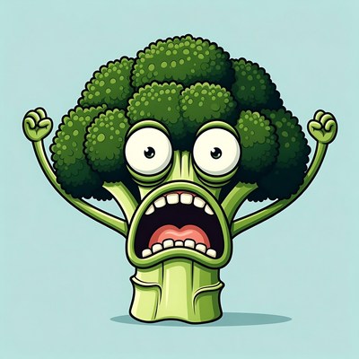 Cartoon broccoli screaming with raised arms
